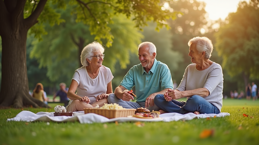 Wide angle view of seniors enjoying a picnic at the park