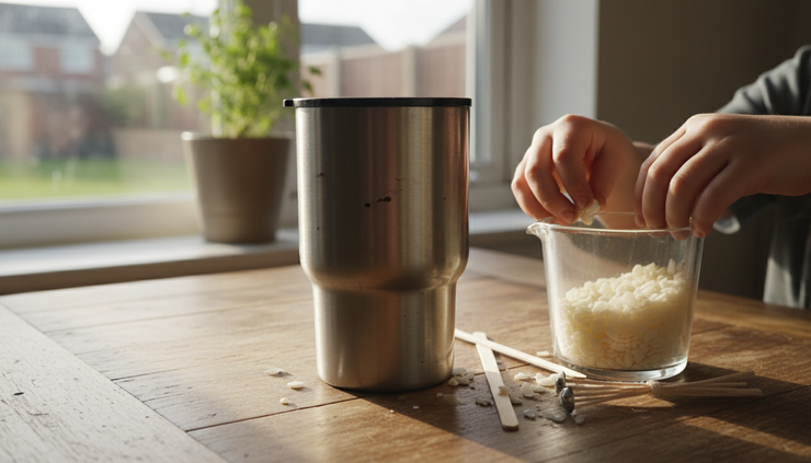 Eye-level view of an old stainless steel mug on a kitchen table with candle supplies nearby