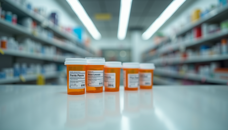 Eye-level view of prescription medication bottles lined up on a pharmacy counter