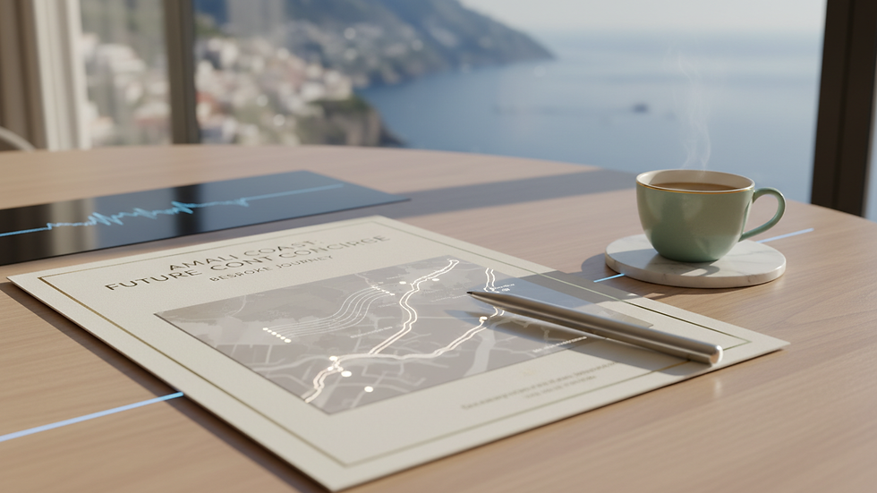 Close-up view of a luxury travel itinerary with a pen and coffee cup