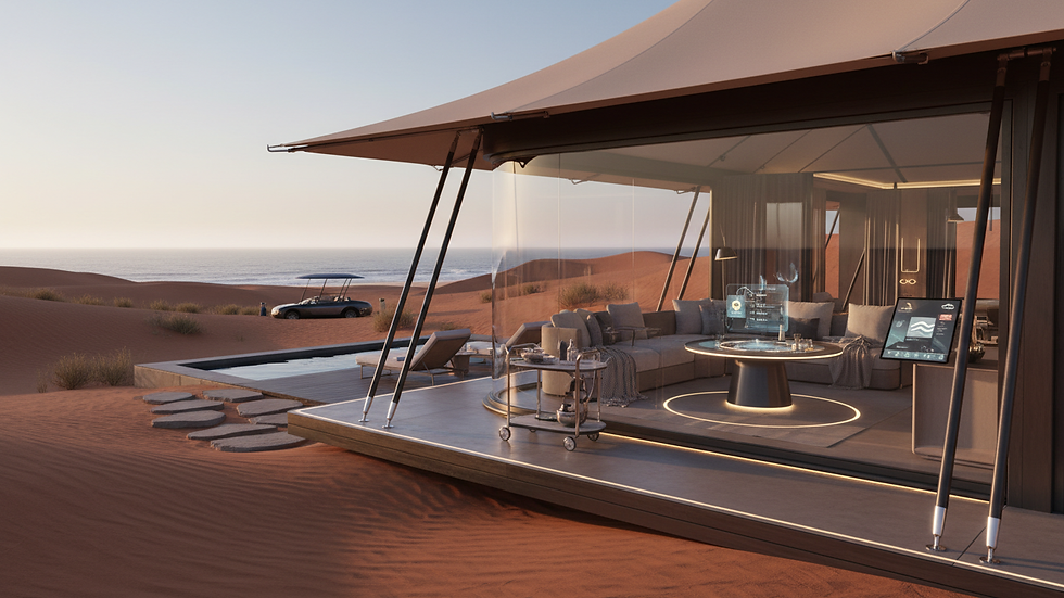 Wide angle view of luxury safari tent in the Namib desert