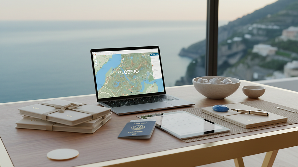 Close-up view of a luxury travel concierge’s desk with travel documents and a laptop