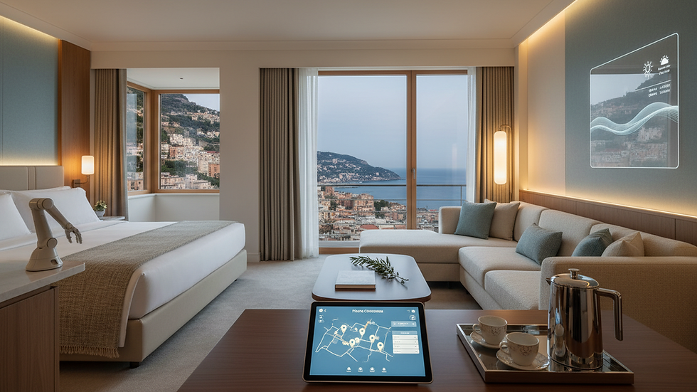 Eye-level view of a luxury hotel suite with a city skyline
