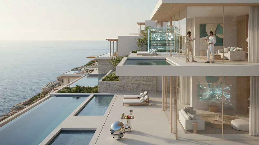 Wide angle view of a serene luxury resort overlooking a calm ocean