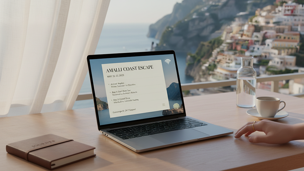Eye-level view of a sleek laptop displaying a travel itinerary on screen