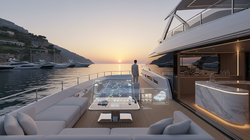 Wide angle view of a luxury yacht docked at a serene marina during sunset