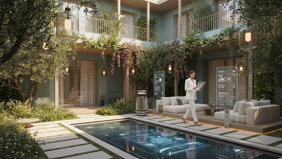 Wide angle view of a boutique hotel courtyard with lush greenery