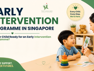 A speech therapist works with a young child during an early intervention programme in Singapore, using educational flashcards and learning activities to support communication, language development, cognitive skills, and school readiness in a bright therapy setting.