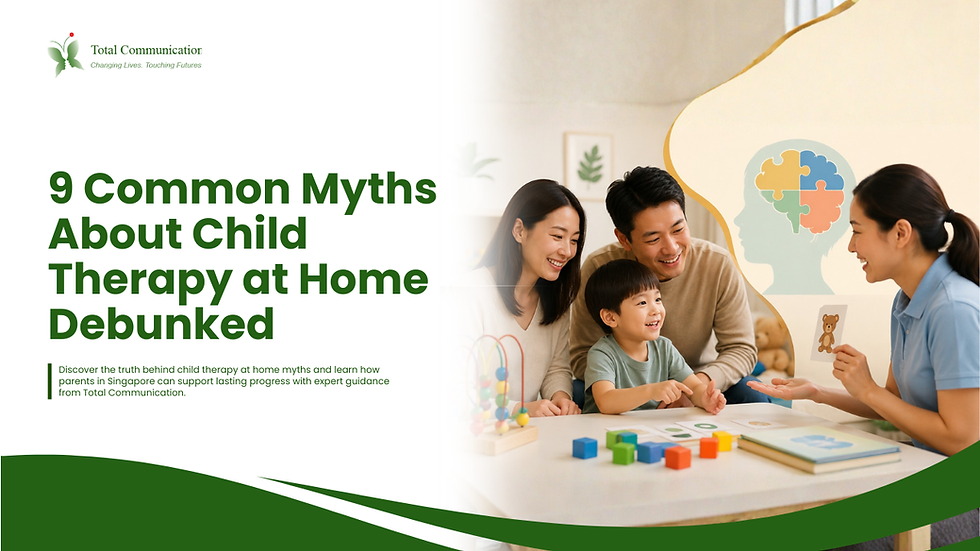 Child participating in a speech therapy session with parents and therapist using interactive learning activities in a warm, supportive environment.