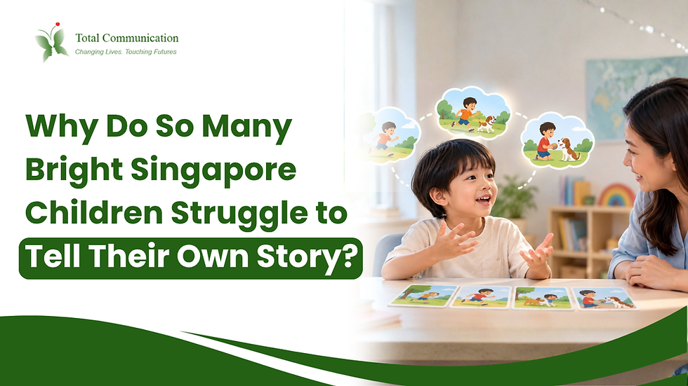 Total Communication storytelling session showing a child organising ideas and sequencing a story with visual story cards and guided support.
