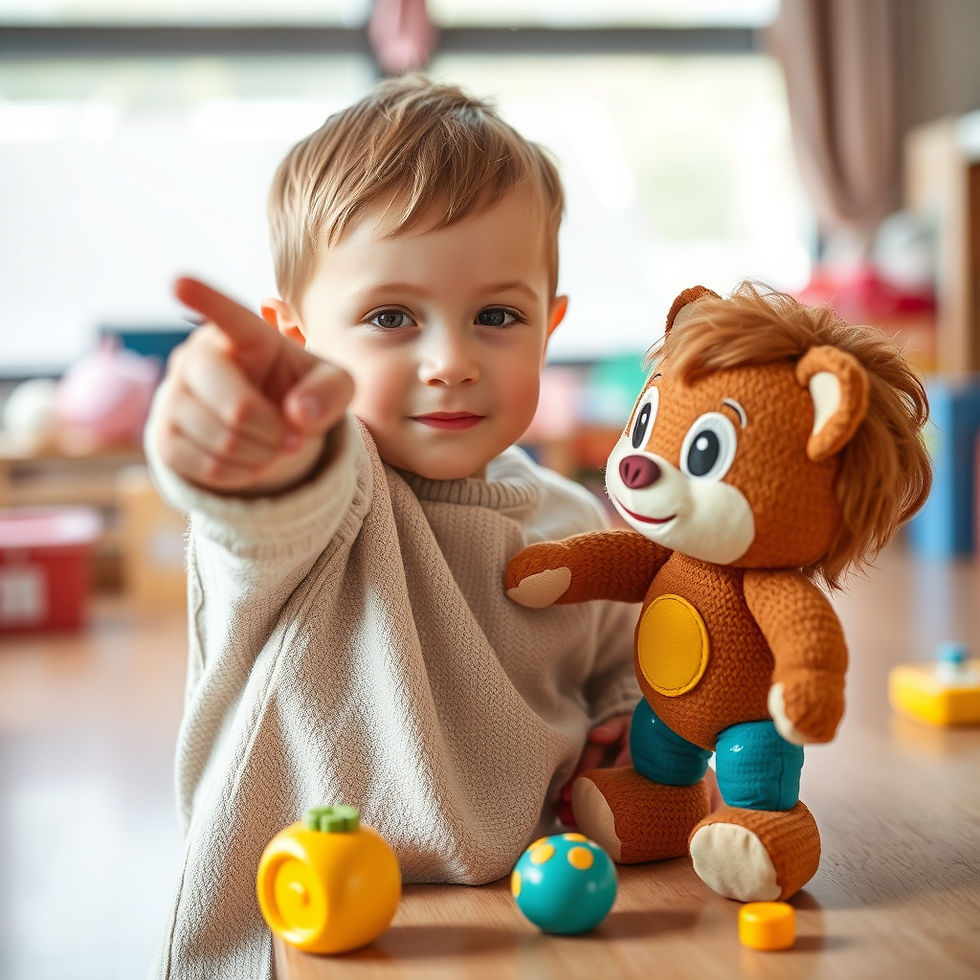Young child pointing at a toy while a parent responds with simple language during play