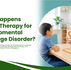 Speech therapist using picture cards during a one-on-one developmental language therapy session with a young child in a bright, child-friendly clinic.