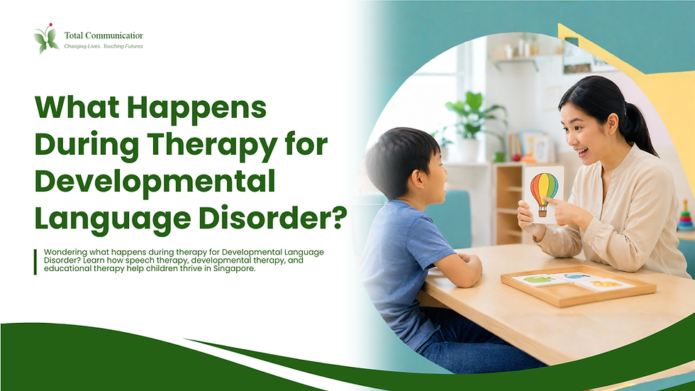 Speech therapist using picture cards during a one-on-one developmental language therapy session with a young child in a bright, child-friendly clinic.