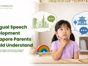 Young bilingual child sitting thoughtfully at home with speech bubbles representing English and Mandarin communication, illustrating bilingual speech development and language learning in Singapore children.