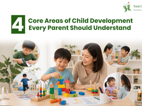 Child participating in developmental activities with parent support, representing growth in communication, learning, motor skills, and emotional development.