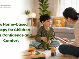 Young child participating in a home therapy session, sitting on the floor with dinosaur toys while interacting comfortably with a therapist in a warm, child-friendly living room environment.
