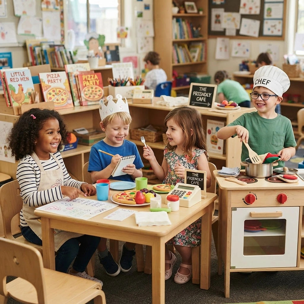 Total Communication small-group pretend play activity helping children practise sentences, vocabulary, sequencing, and social communication