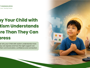 Child with autism using visual communication tools while receiving support from adults in a warm therapy setting.