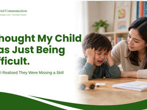 Total Communication highlights the importance of understanding missing skills as a mother calmly supports her distressed child during a difficult moment at home.