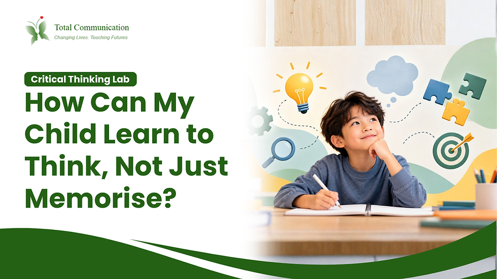 Total Communication’s Critical Thinking Lab for children, featuring a thoughtful child exploring problem-solving, reasoning and creative thinking through visual learning elements.