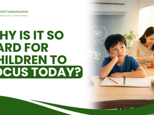 A young child sits at a desk looking distracted while using a tablet, with blurred digital icons in the background. Beside them, a parent guides another child through a hands-on building activity, illustrating the contrast between screen distraction and focused learning in a warm home environment.