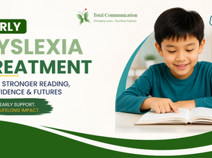 Thumbnail showing a smiling young child reading a book with the headline "Early Dyslexia Treatment." The design highlights early intervention for dyslexia, improving reading skills, confidence, and lifelong learning. Features Total Communication Therapy Singapore branding with education-themed icons in a clean blue and teal layout.