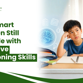 Asian child sitting at a study desk with school supplies and a visual timer, representing executive functioning skills, organisation, planning, and focus.