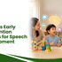 Child participating in a speech therapy session with a parent and therapist, using learning materials to support communication development in a warm and engaging environment.