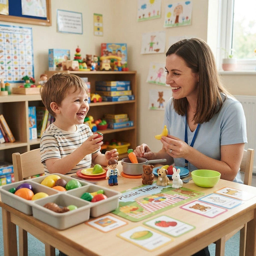 Total Communication therapist guiding a child through pretend play to practise language, turn-taking, and problem-solving