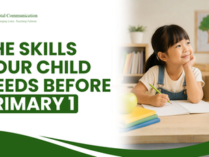 A young child sitting at a study table with a notebook, pencil, and school backpack in a bright classroom, representing school readiness and the transition to Primary 1 in Singapore. The child appears confident, focused, and prepared for learning in a supportive educational environment.