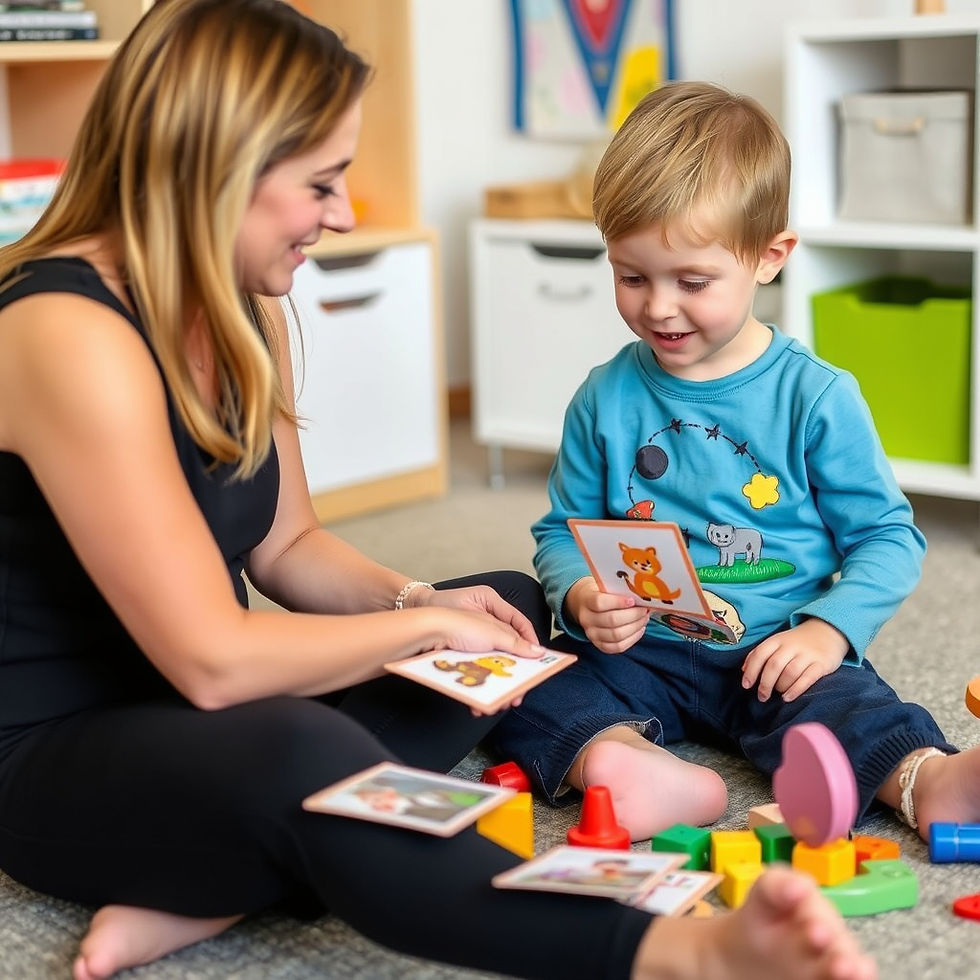 Speech and language therapist engaging a preschool child in play-based communication activities using toys and picture cards