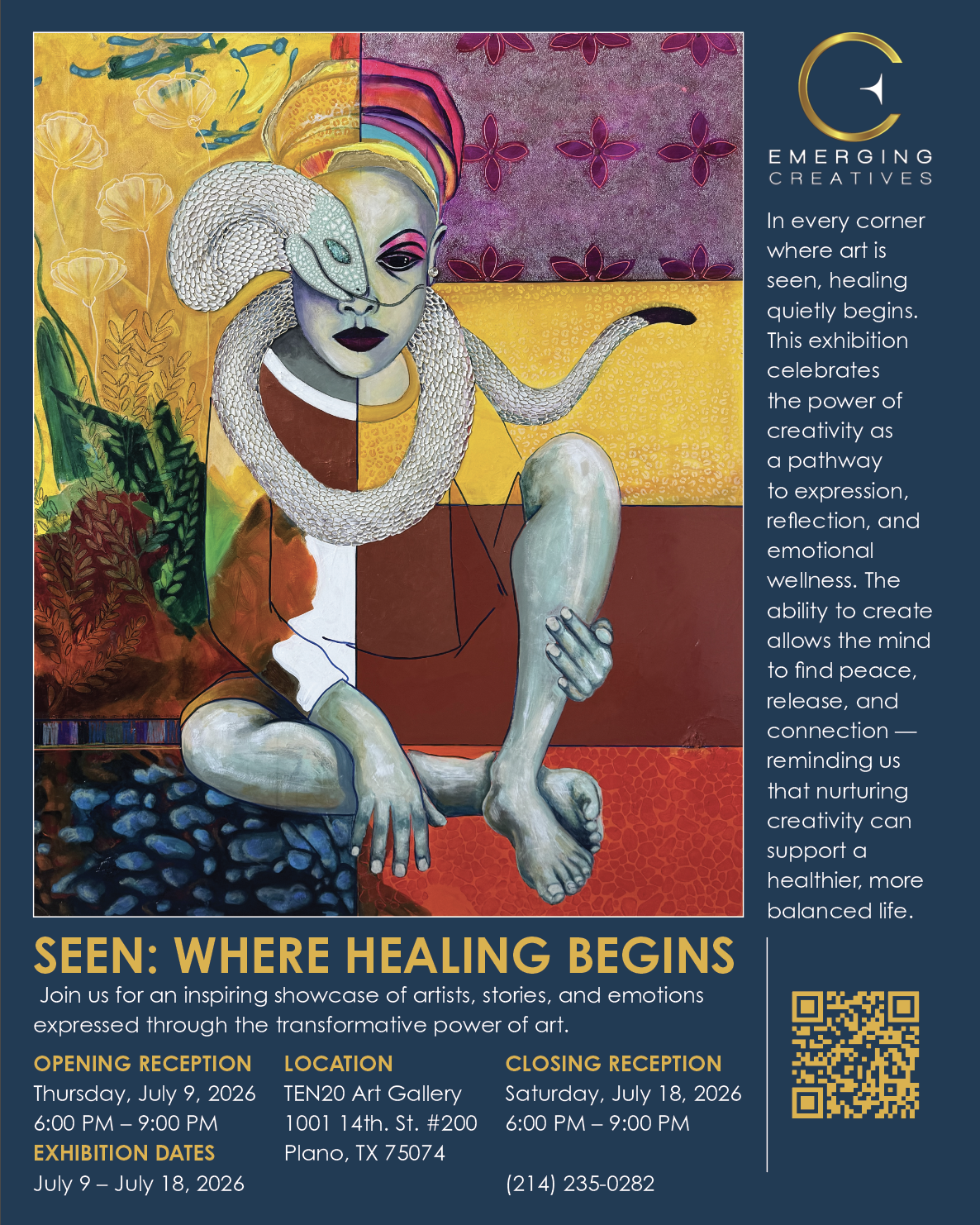 Invitation to the art show - a person with a snake around their neck - art by Nicole Collie
