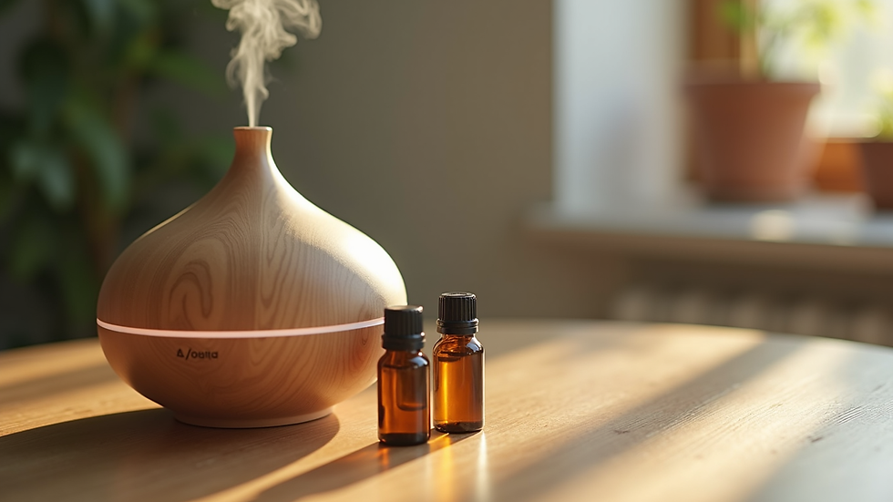Close-up view of essential oils and a diffuser on a wooden table
