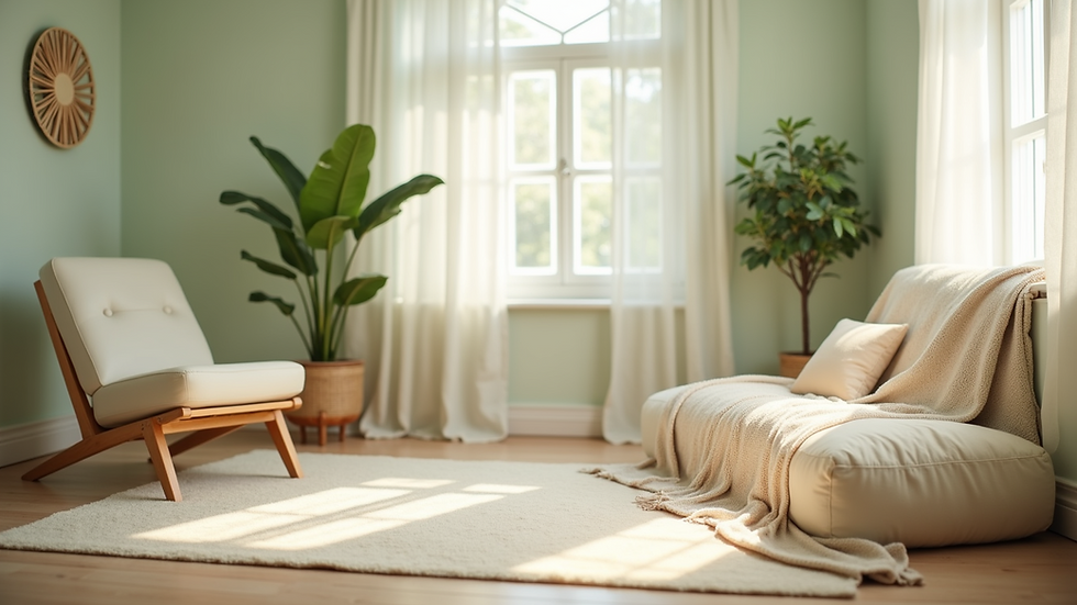Eye-level view of a calm therapy room with soft lighting and comfortable seating