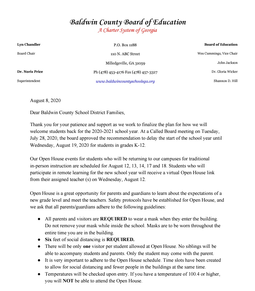 Superintendent Message to Parents Announcing Open House Dates for New