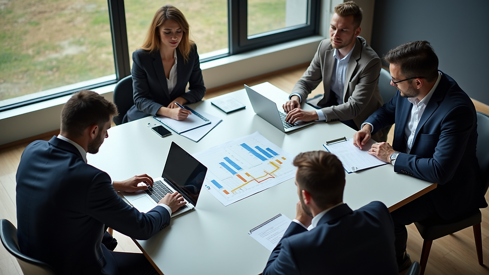 High angle view of a team meeting around a table with charts and laptops