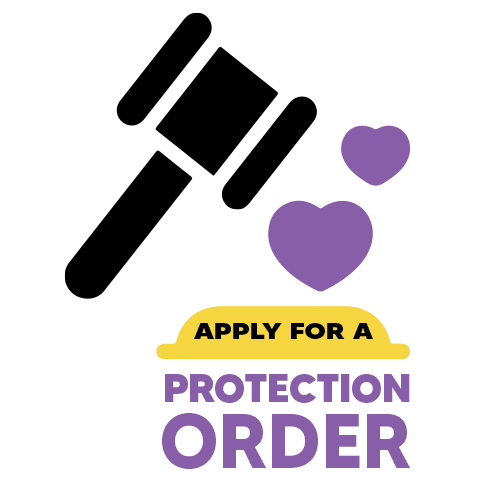 Outline of a judges hammer in black, purple hearts near the hammer. Written underneath in Black and purple is “Apply for a protection order.”
