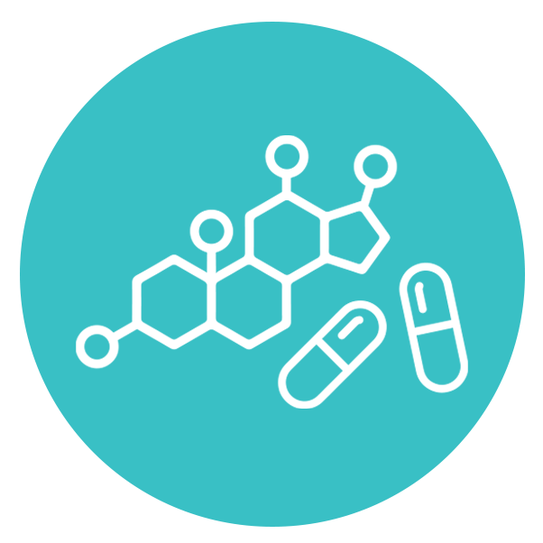 Icon of hormone molecules and pills, representing hormone therapy and medication