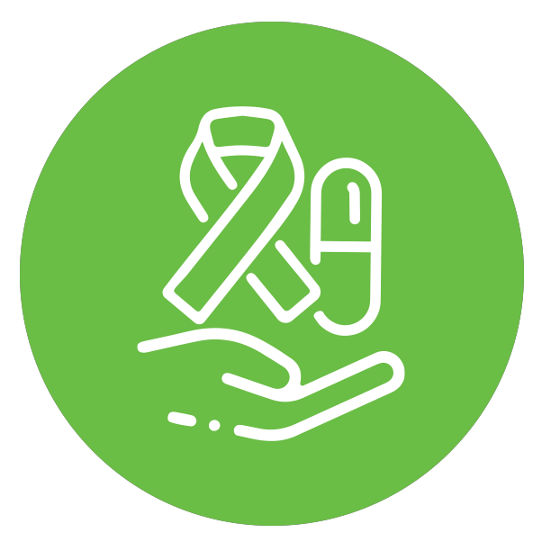 Icon of an HIV ribbon, a pill, and a hand, symbolising HIV treatment and care
