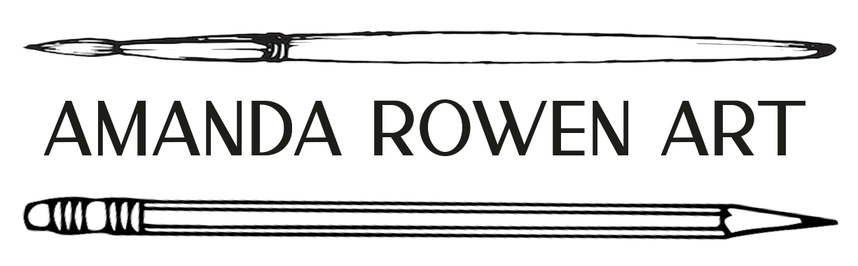 "Amanda Rowen Art - Logo with an intricate drawing of a paintbrush and pencil signifying artistic tools, framing the artist's name