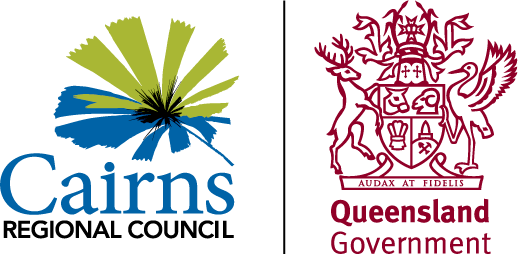 Logos of Cairns Regional Council with a stylized green and blue leaf graphic and Queensland Government featuring a detailed red coat of arms in maroon.