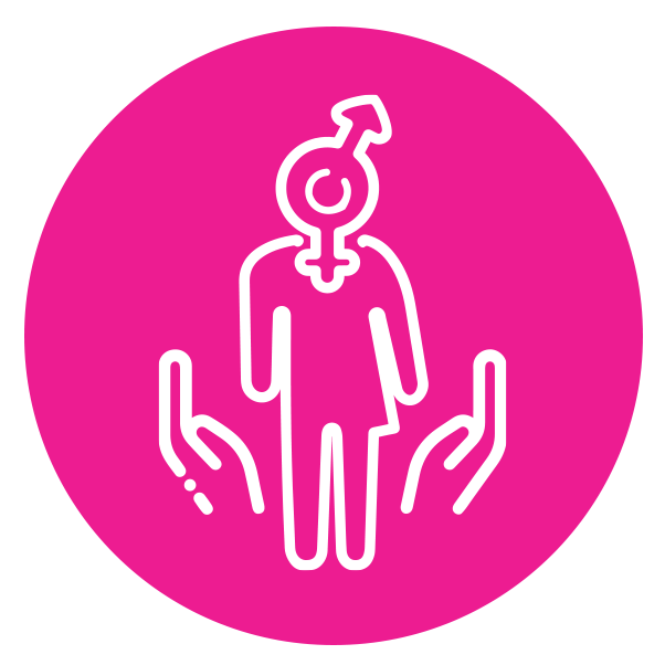 Icon of a person with both gender symbols, supported by hands, representing gender affirming care for adults