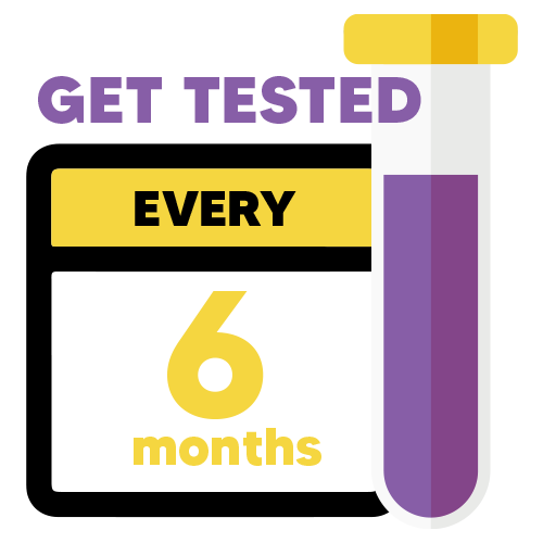 A cartoon calendar and a test tube in black, yellow and purple. The text reads “Get tested every 6 months)