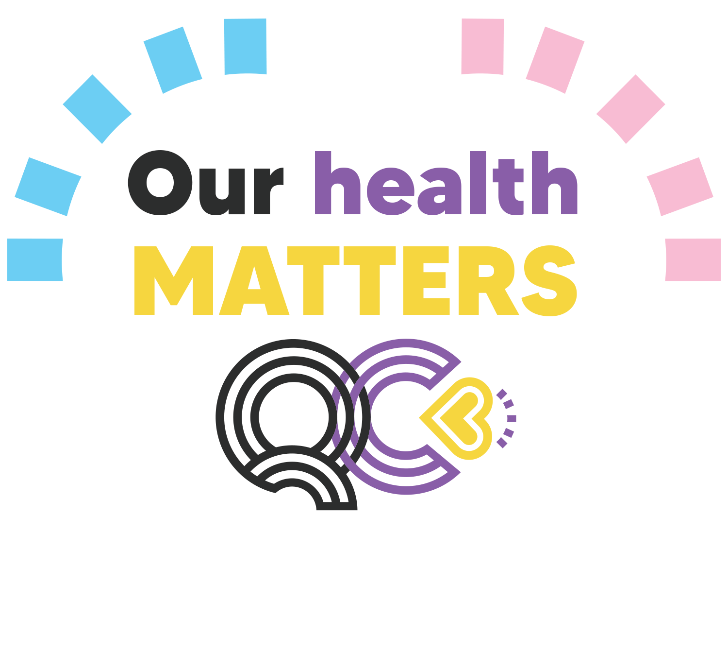 The logo is a white heart shape with the words “Our Health Matters” written in black, purple and yellow.  The Queensland Council for LGBTI Health (QC) logo is included underneath in black, purple, and yellow. On the top lefthand side of the heart there are 5 light blue tabs and on the righthand side of the heart there are 5 light pink tabs.