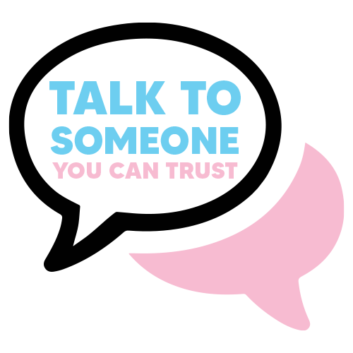 2 speech bubbles, overlapping each other. One speech bubble is pink with no text. The other speech bubble has a black outline with blue and pink text that says