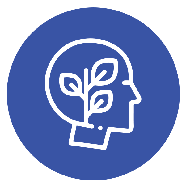Icon of a head with a plant sprouting inside, representing mental health and personal growth