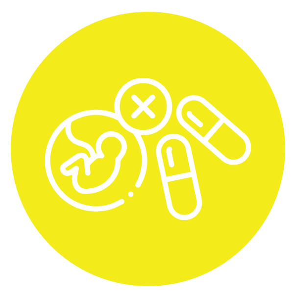"Icon of a fetus with pills, representing medical abortion services