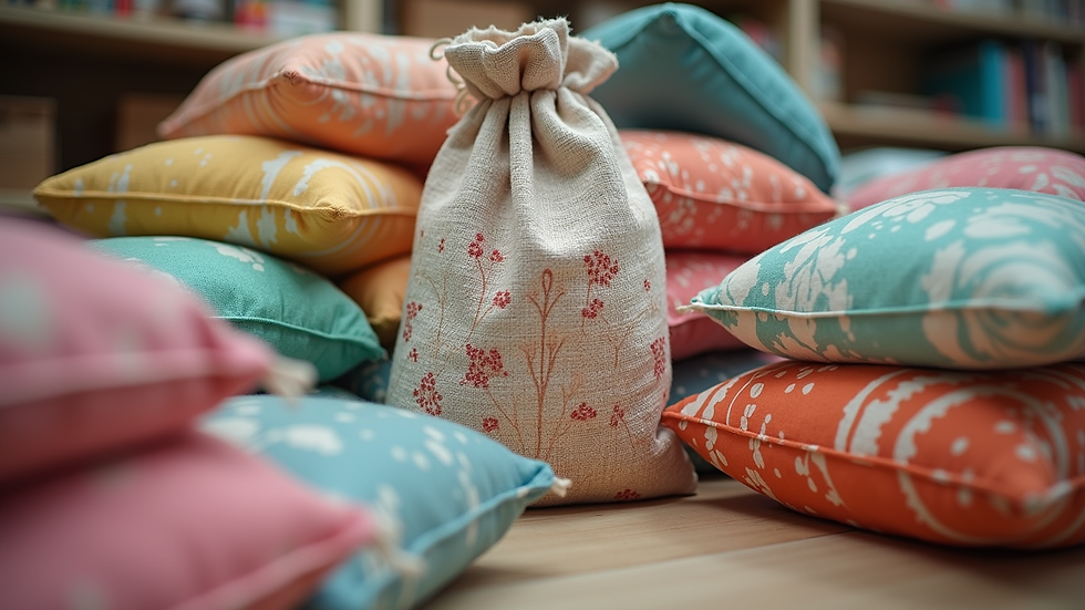Eye-level view of a stack of colorful printed cotton bags