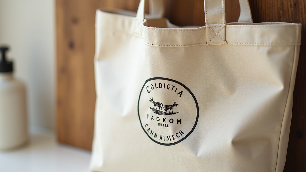 Close-up view of a cotton tote bag with a printed logo