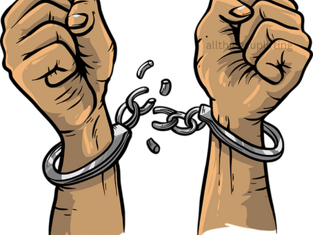 Fists breaking free from chain handcuffs, symbolizing liberation. Background is white with subtle text; mood is empowering.